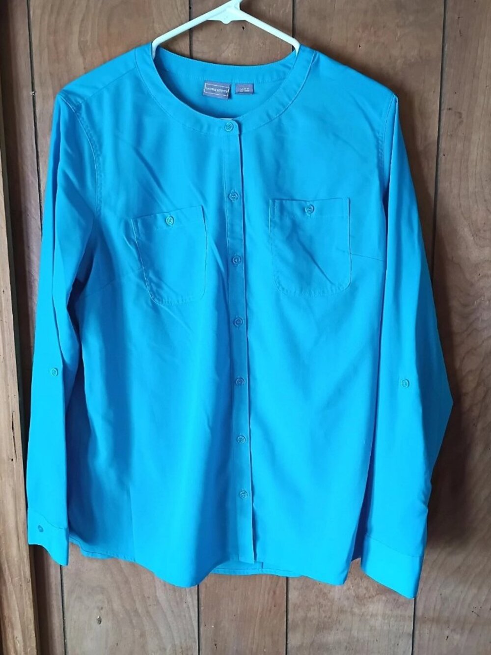 Laura Scott Women’s Blouse Size Medium Blue Button Front Poly Spandex